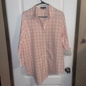 Lafayette 148 Peach And White Gingham Button Up Asymmetrical Hem‎ Size Small